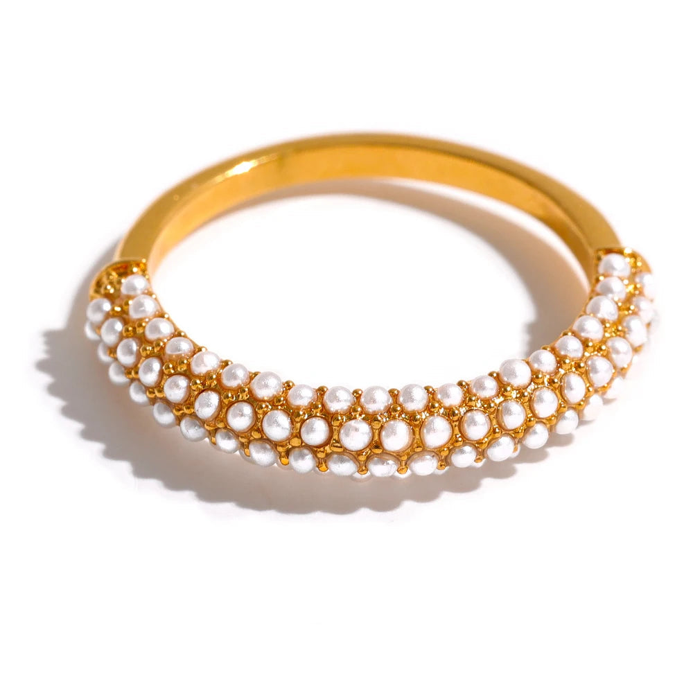 Yhpup elegante imitação de pérolas de aço inoxidável charme chique anel 18k banhado a ouro à prova d'água na moda joias românticas femininas