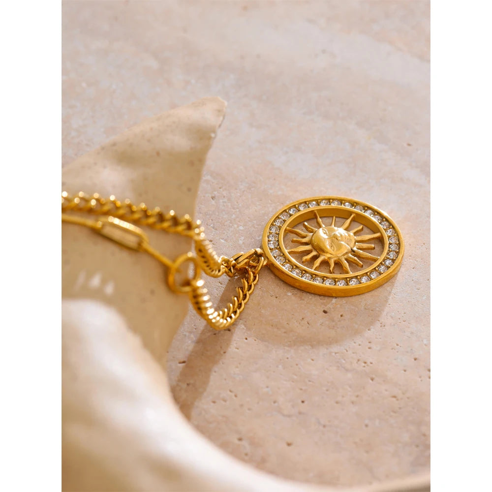 Yhpup estilo quente zircônia redonda sol oco pingente colar 18k cor de ouro aço inoxidável requintado premium jóias presente