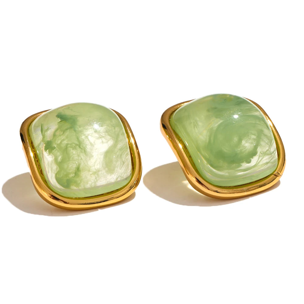 Yhpup-Brincos Quadrados Dourados para Mulheres, Resina Colorida, Aço Inoxidável, Jóias de Charme Doce, Impermeável, Banhado a 18K, Y2K, Verão, 2024