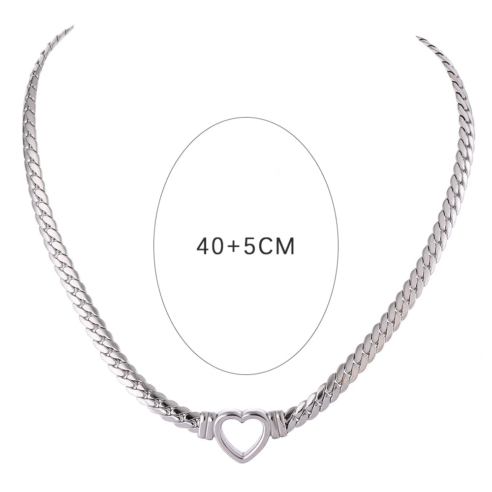 Yhpup coração corrente colar de aço inoxidável para mulheres moda textura de metal colar plano à prova dwaterproof água presente namorada