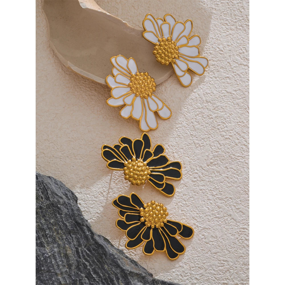 Yhpup grande branco preto esmalte flor declaração moda brincos 18k cor ouro pvd banhado a aço inoxidável jóias presente