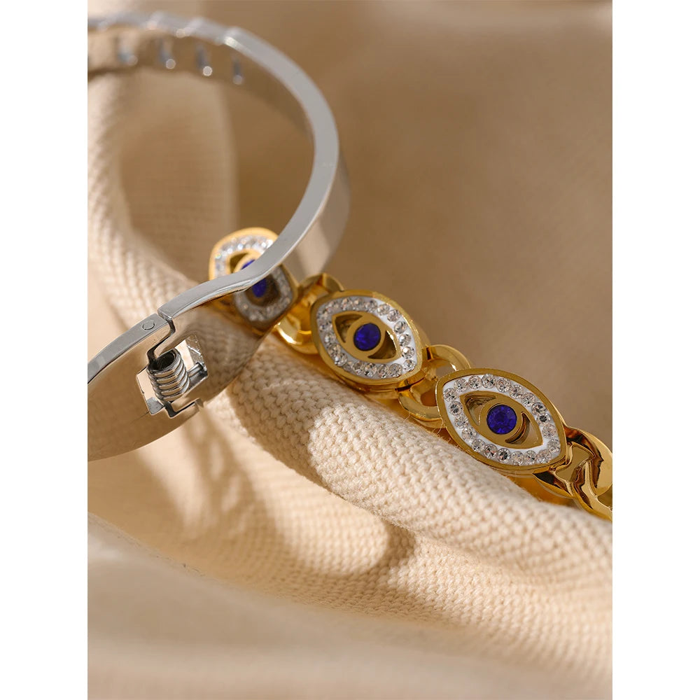 Yhpup charme turco mau olhado pulseira de aço inoxidável moda na moda zircão à prova dwaterproof água cor ouro jóias