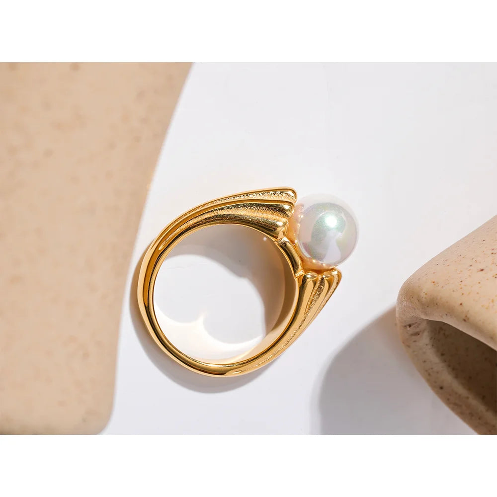 Yhpup anel de pérola de concha de aço inoxidável sem manchas, pingente de cor dourada 18k, joias vintage elegantes para mulheres, presente de gala