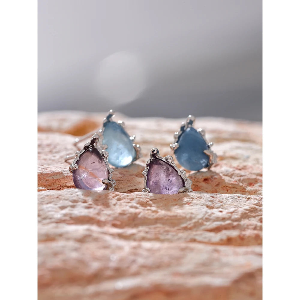 Yhpup prata esterlina requintado pedra natural aquamarine ametista chique brincos finos jóias de luxo para presente feminino