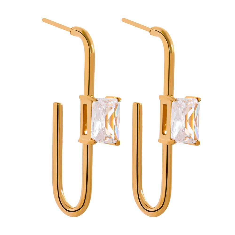 Yhpup charme brilhante zircônia cúbica aço inoxidável 18k banhado a ouro charme brincos para mulheres simples moda geométrica jóias