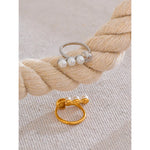 Yhpup requintado moda novo estilo anel de aço inoxidável simulado pérola ouro real 18k ouro pvd banhado jóias para presente feminino