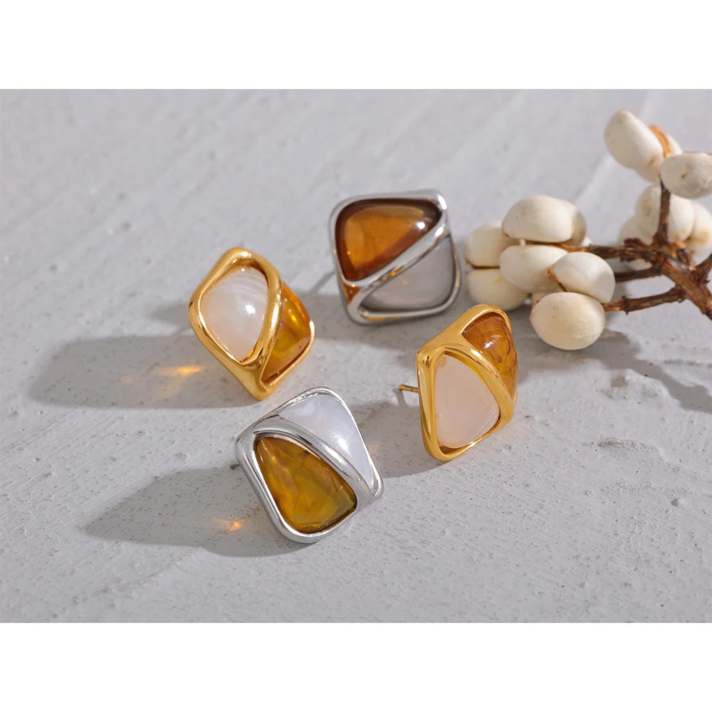 Yhpup brincos quadrados de resina de caramelo, aço inoxidável, declaração de metal, à prova d'água, vintage, elegante, frança, joias, bijuterias femininas