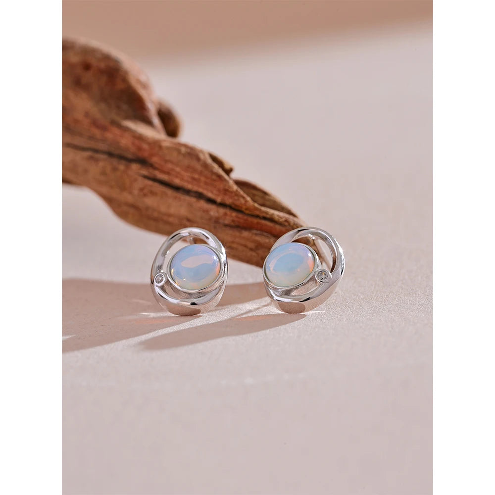 Yhpup moda pedra natural opala concha cz redondo oco brincos para mulheres s925 prata esterlina requintado chique jóias