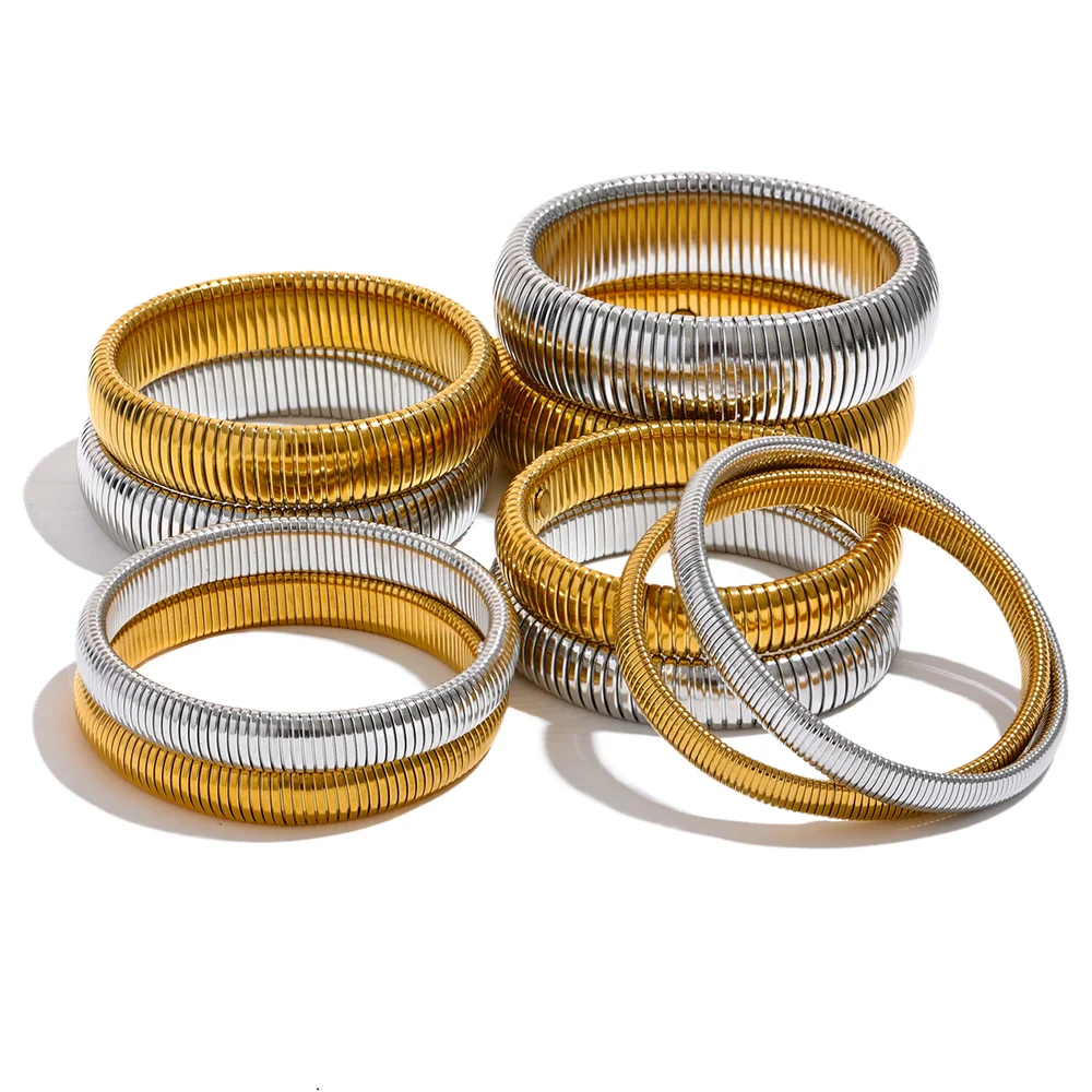 Yhpup pulseira de metal grosso elástica de aço inoxidável à prova d'água 18K banhada a ouro tendência moda unissex joias masculinas e femininas