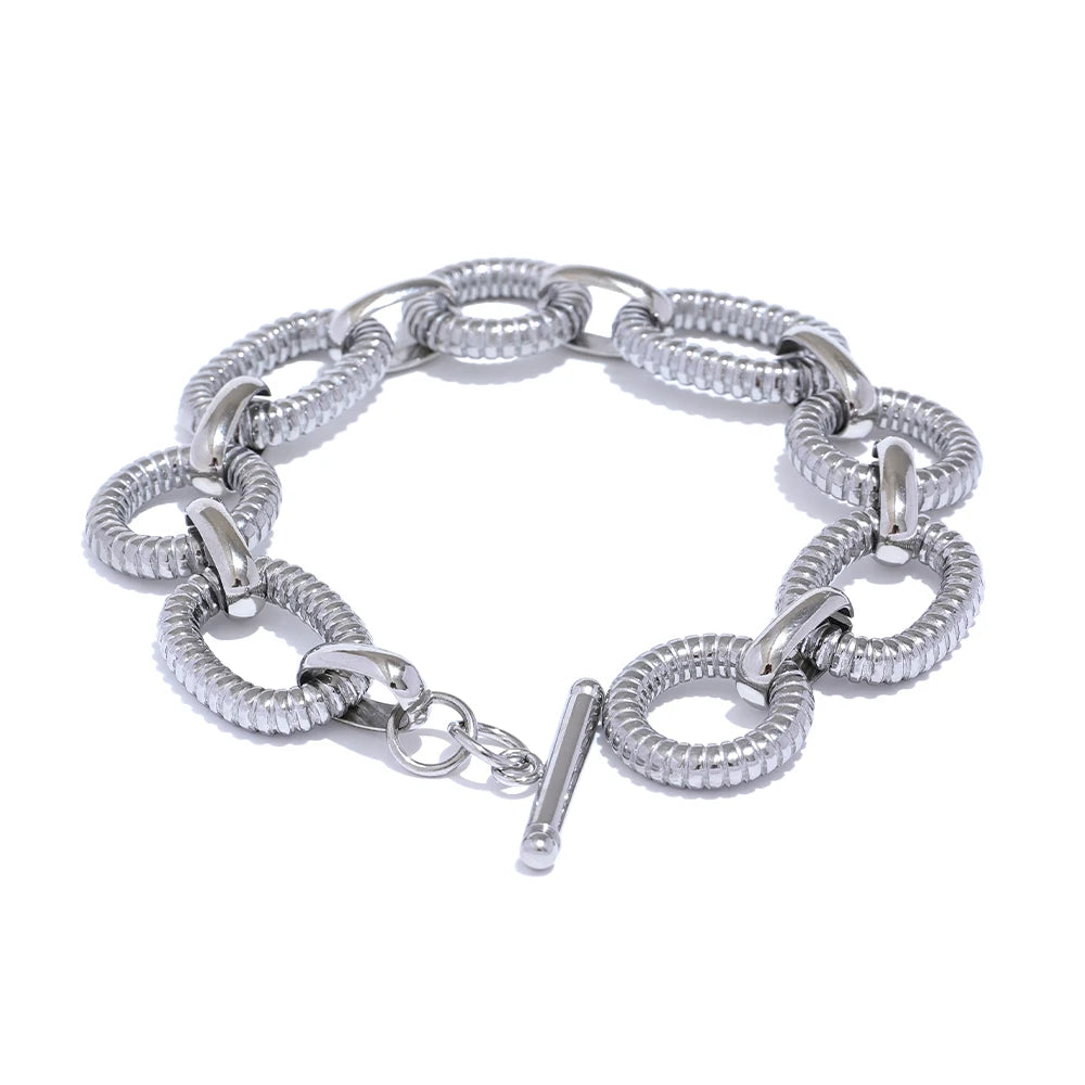 Yhpup 316L Aço Inoxidável Textura de Metal Pulseira de Corrente Oval Pulseira Homens Mulheres 18K PVD Banhado Toggle-Fechos Jóias de Declaração