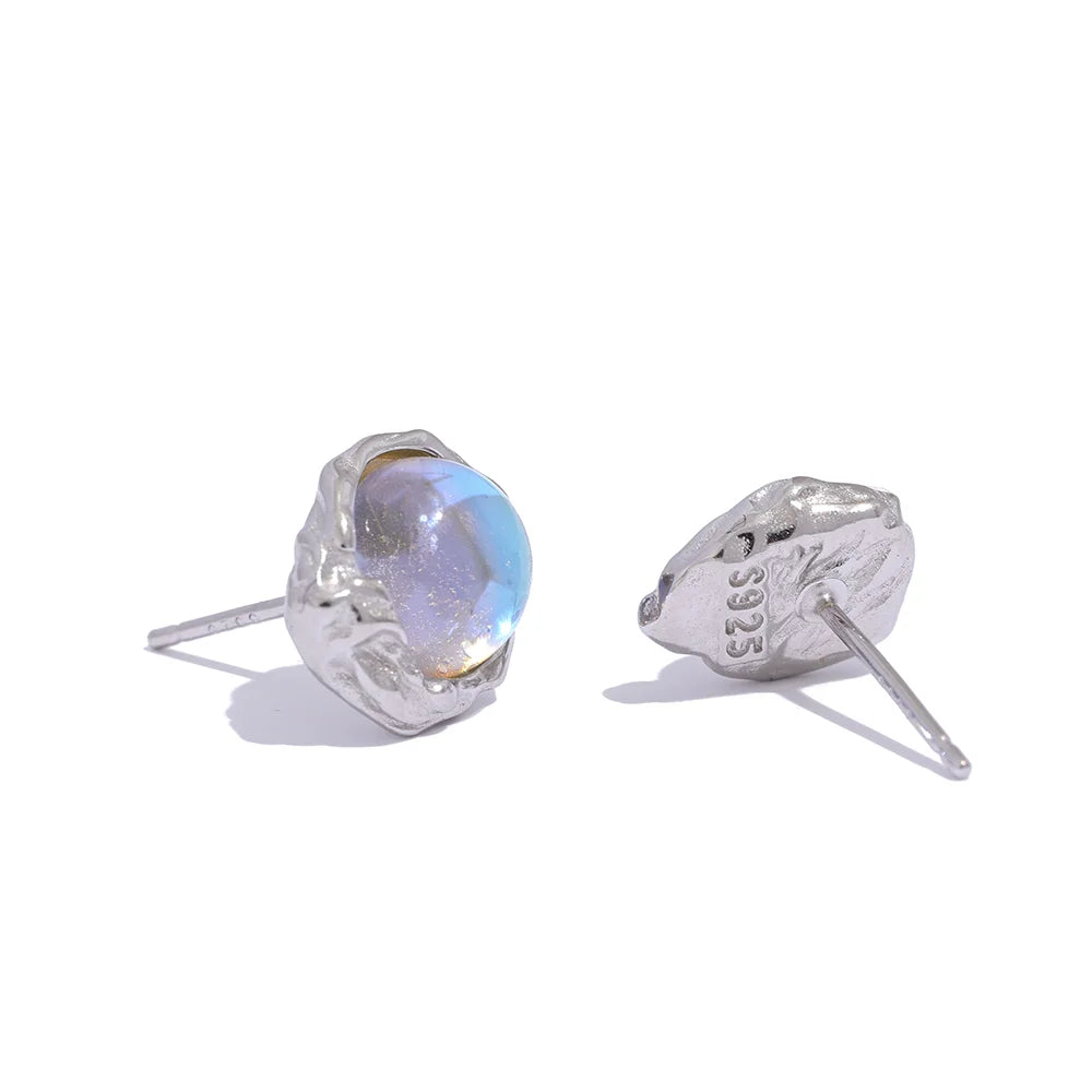 Yhpup-Asymmetric Sterling Silver Stud Earrings, Moonstone Artificial, Misteriosa Moda Textura, Encantos de Luxo, Fine Jewelry, AB