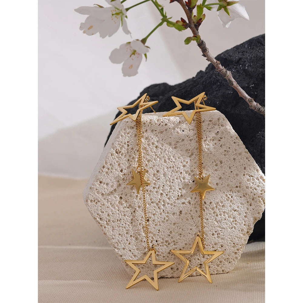 Yhpup moda estrela longa gota balançar brincos de aço inoxidável 18k banhado a ouro à prova dwaterproof água temperamento festa jóias gala
