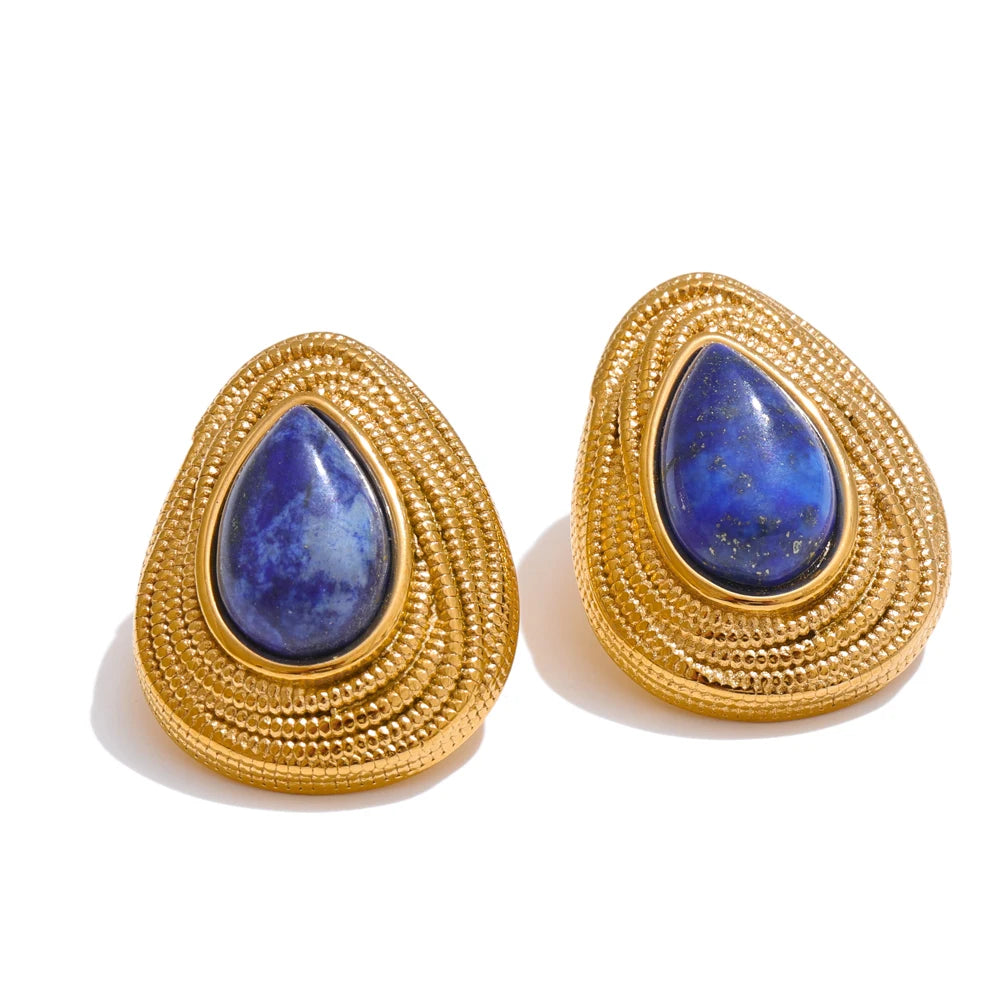 Yhpup gota de água pedra natural moda geométrica diária brincos vintage tigre lápis-lazúli charme jóias cor ouro pvd