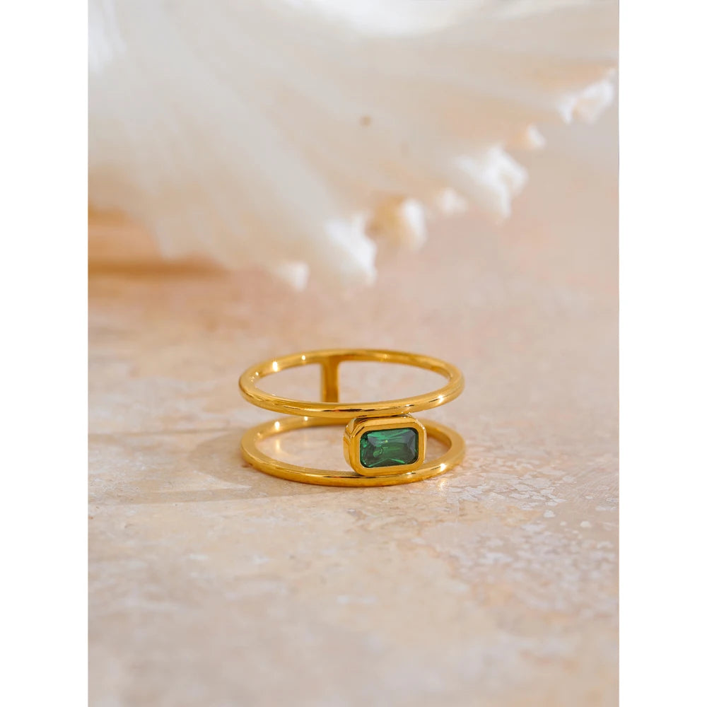 Yhpup anel de moda de zircônia cúbica verde oca de dupla camada de aço inoxidável requintado à prova de ferrugem 18K joias de dedo cor dourada
