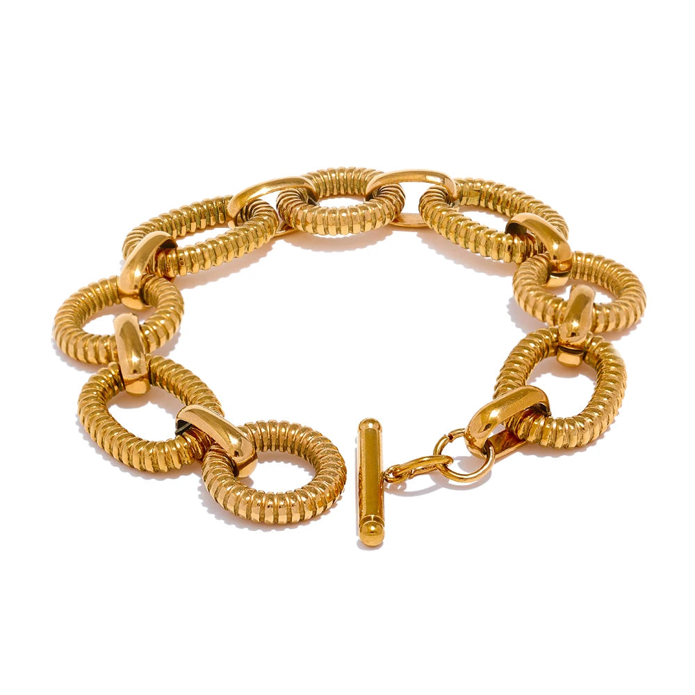 Yhpup 316L Aço Inoxidável Textura de Metal Pulseira de Corrente Oval Pulseira Homens Mulheres 18K PVD Banhado Toggle-Fechos Jóias de Declaração