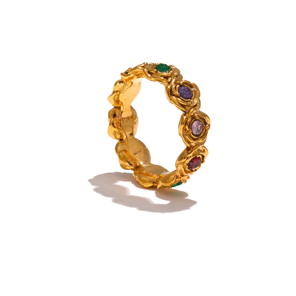 Yhpup Anel de flor de zircônia cúbica colorida 18K cor dourada PVD banhado a aço inoxidável moda dedo joias acessórios presente