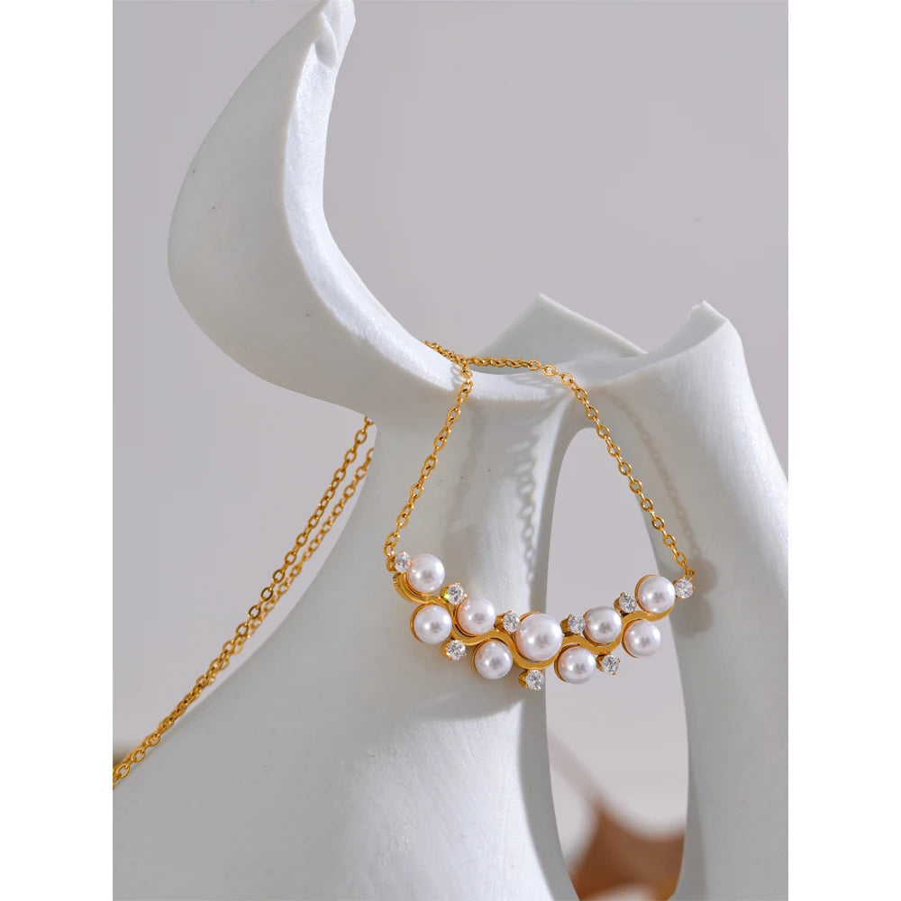 Yhpup elegância simulada pérolas zircônia cúbica colar pingente corrente de aço inoxidável moda romântico pescoço jóias recomendar