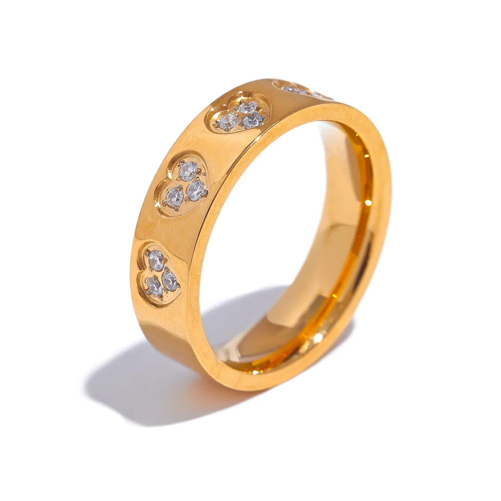 Yhpup requintado zircônia cúbica coração de aço inoxidável redondo moda chique anel ouro prata cor charme dedo bling jóias presente
