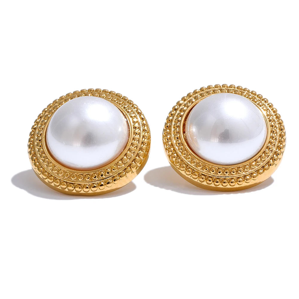 Yhpup coreano imitação de pérolas brincos redondos antialérgicos elegante clássico diário moda ouro & platina pvd banhado jóias