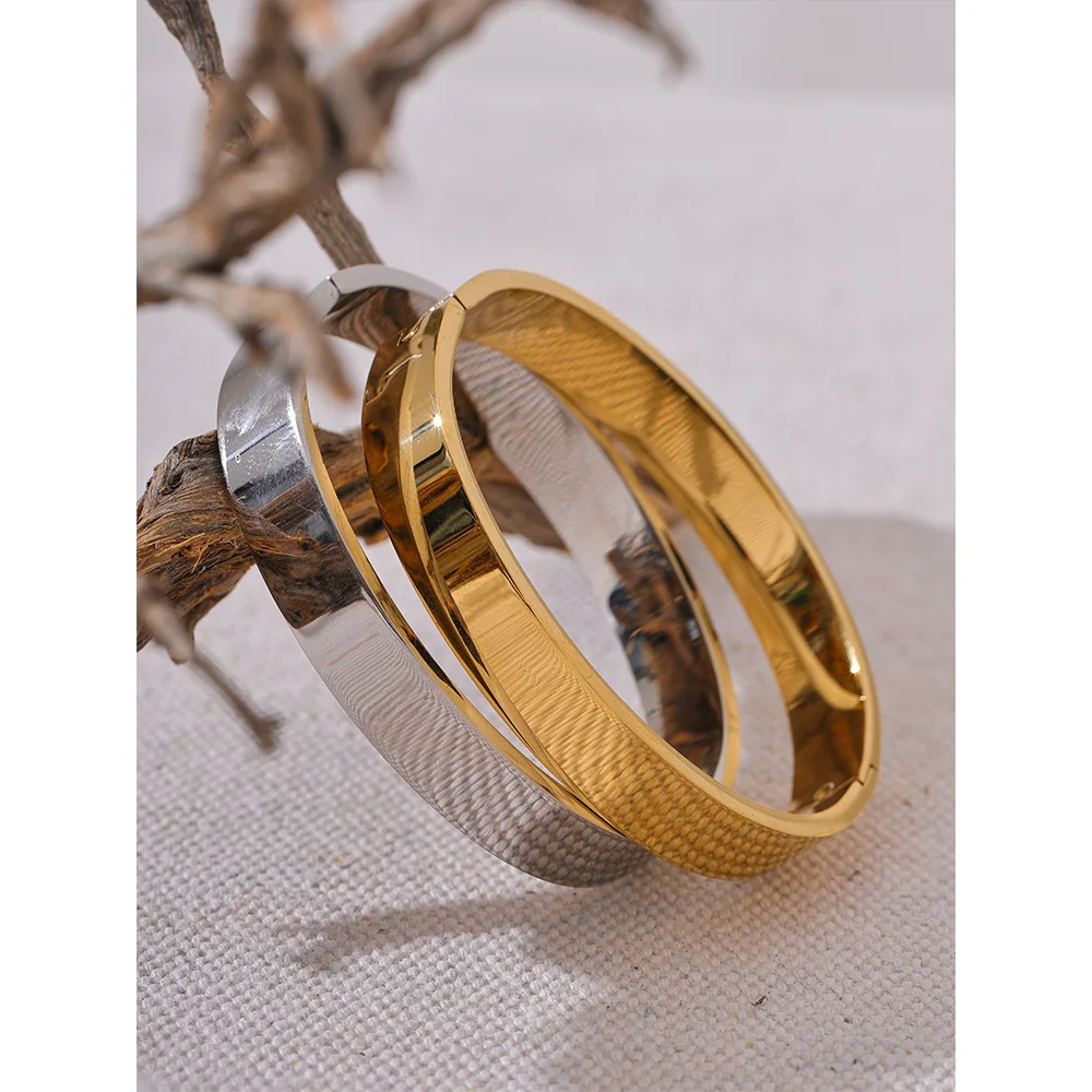 Yhpup pulseira larga redonda de aço inoxidável de alta qualidade, textura da moda, cor dourada e prateada, à prova d'água, joia, presente
