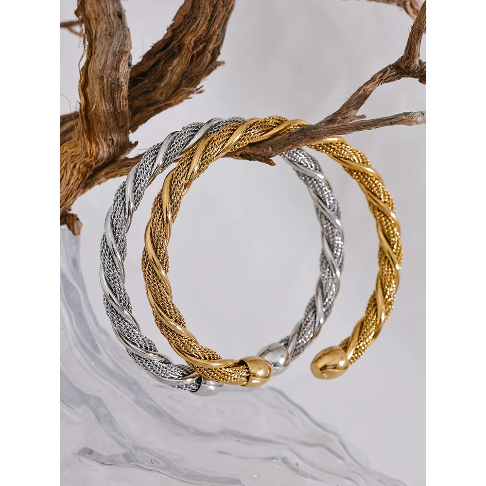 Yhpup pulseira redonda torcida de aço inoxidável à prova d'água, pulseira aberta para mulheres, textura de metal, joia de declaração, presente
