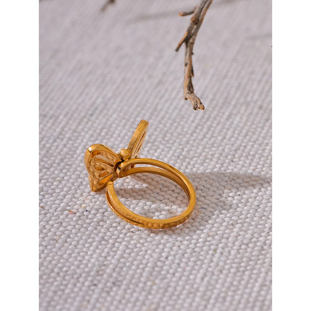 Yhpup-Natural Shell CZ Anel De Borboleta De Aço Inoxidável, Zircônia Cúbica Incrustada, Cor Do Ouro, Moda Requintada, Acessórios De Jóias