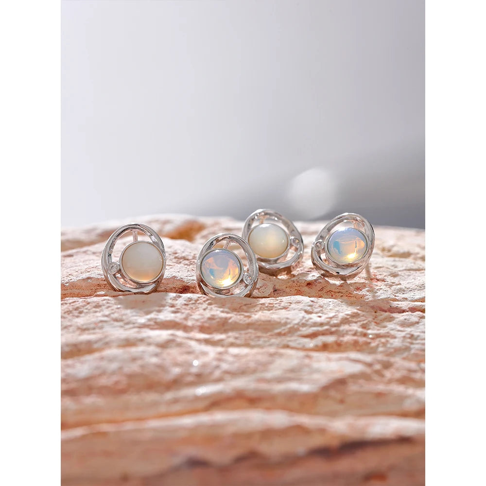 Yhpup moda pedra natural opala concha cz redondo oco brincos para mulheres s925 prata esterlina requintado chique jóias