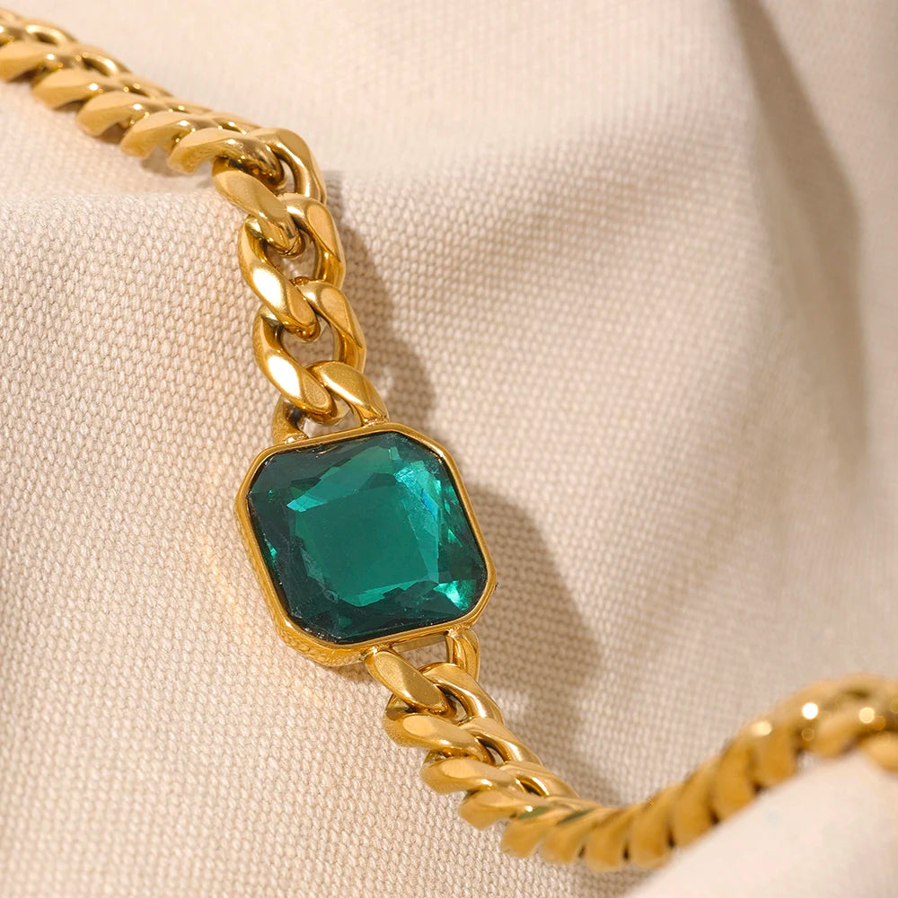Yhpup hiperbólico cor dourada grossa corrente cubana cristal verde textura de metal colar de declaração de aço inoxidável joias da moda