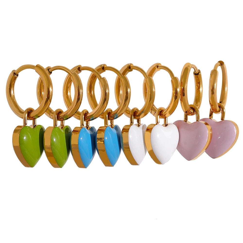 Yhpup-Brincos de argola feminina com esmalte de coração, charme impermeável fofo na moda, joias coloridas de verão, presente de gala, aço inoxidável