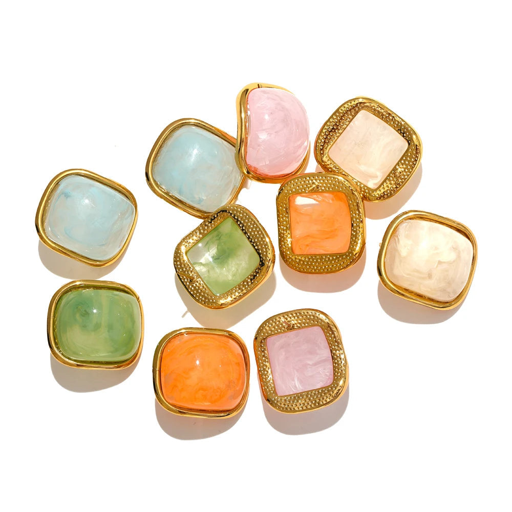 Yhpup-Brincos Quadrados Dourados para Mulheres, Resina Colorida, Aço Inoxidável, Jóias de Charme Doce, Impermeável, Banhado a 18K, Y2K, Verão, 2024