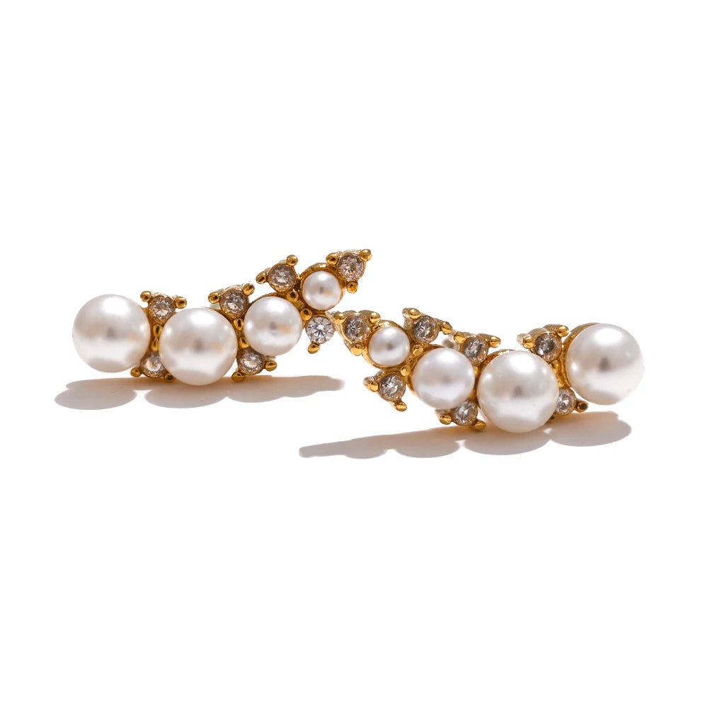 Yhpup estilo coreano chique imitação de pérolas zircônia cúbica brincos moda aço inoxidável requintado versátil jóias diárias