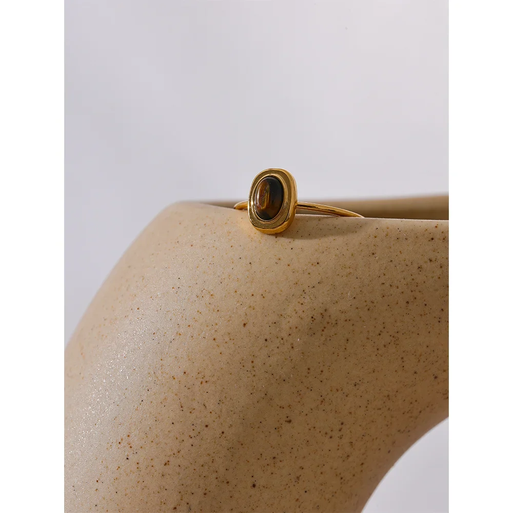 Yhpup moda pedra natural aço inoxidável oval fino chique anel feminino 18k pvd banhado à prova dwaterproof água jóias acessórios 2024 presente