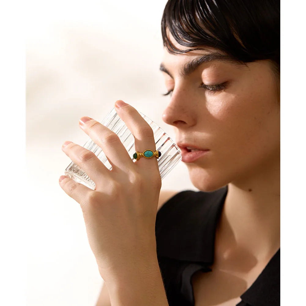 Yhpup aço inoxidável colorido pedra natural ágata elenco vintage charme anel moda 316l jóias para mulher presente texturizado