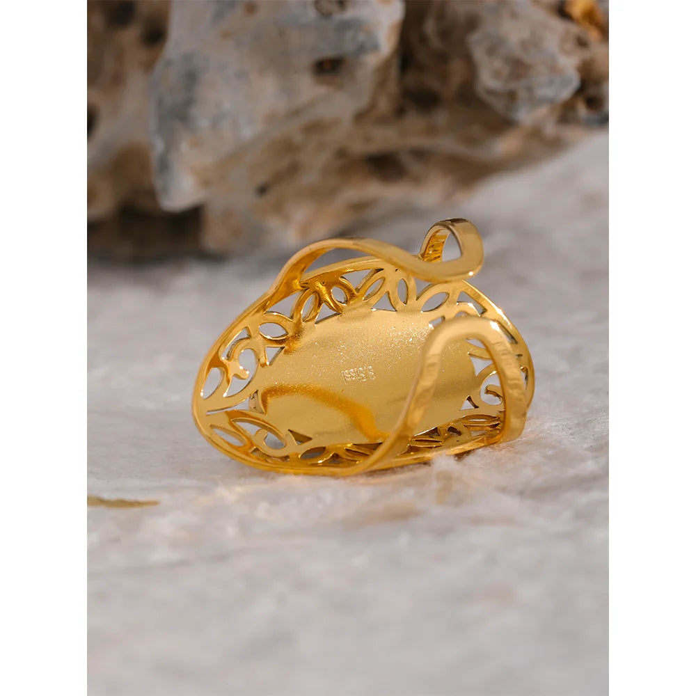 Yhpup vintage verde pedra natural anel aberto de aço inoxidável geométrico cor dourada elegante hiperbólico joias da moda para mulheres