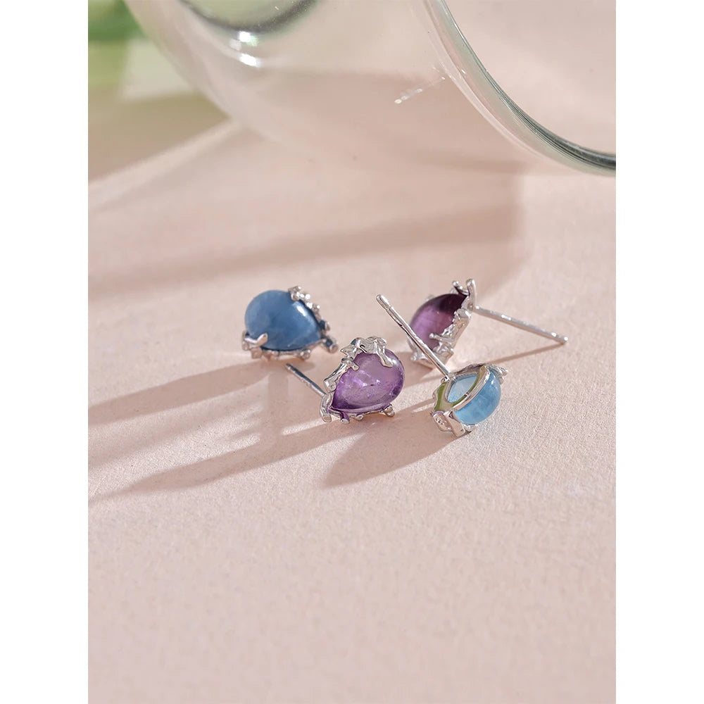 Yhpup prata esterlina requintado pedra natural aquamarine ametista chique brincos finos jóias de luxo para presente feminino