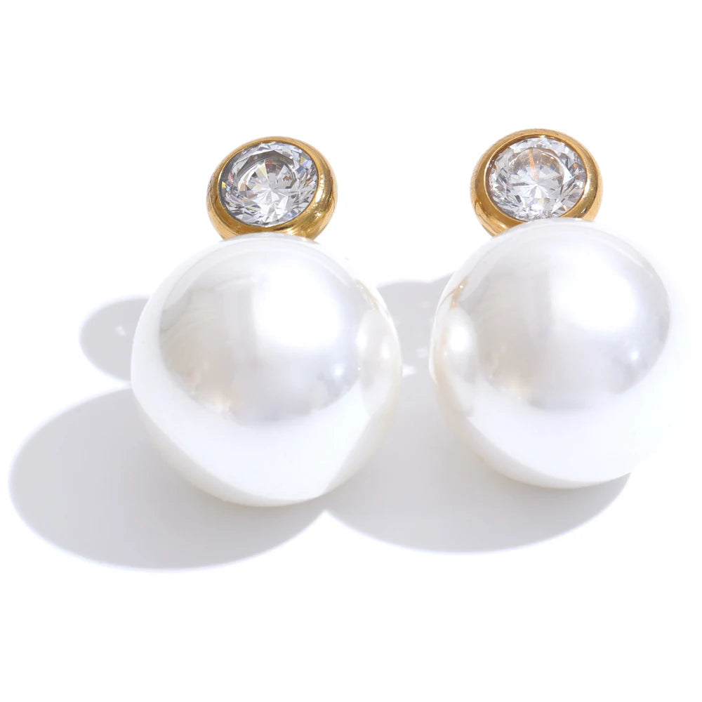 Yhpup estilo coreano imitação de pérolas zircão redondo clássico diário brincos feminino charme de aço inoxidável moda jóias presente