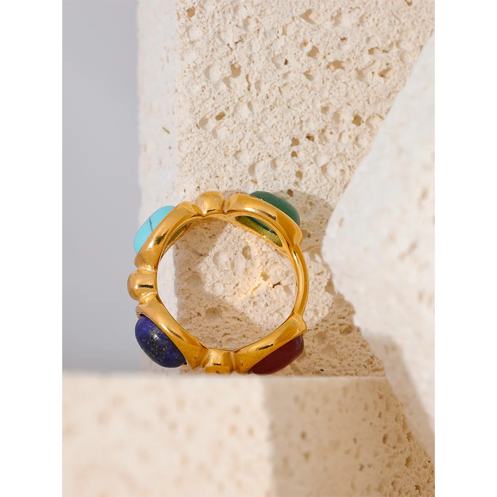 Yhpup aço inoxidável colorido pedra natural ágata elenco vintage charme anel moda 316l jóias para mulher presente texturizado