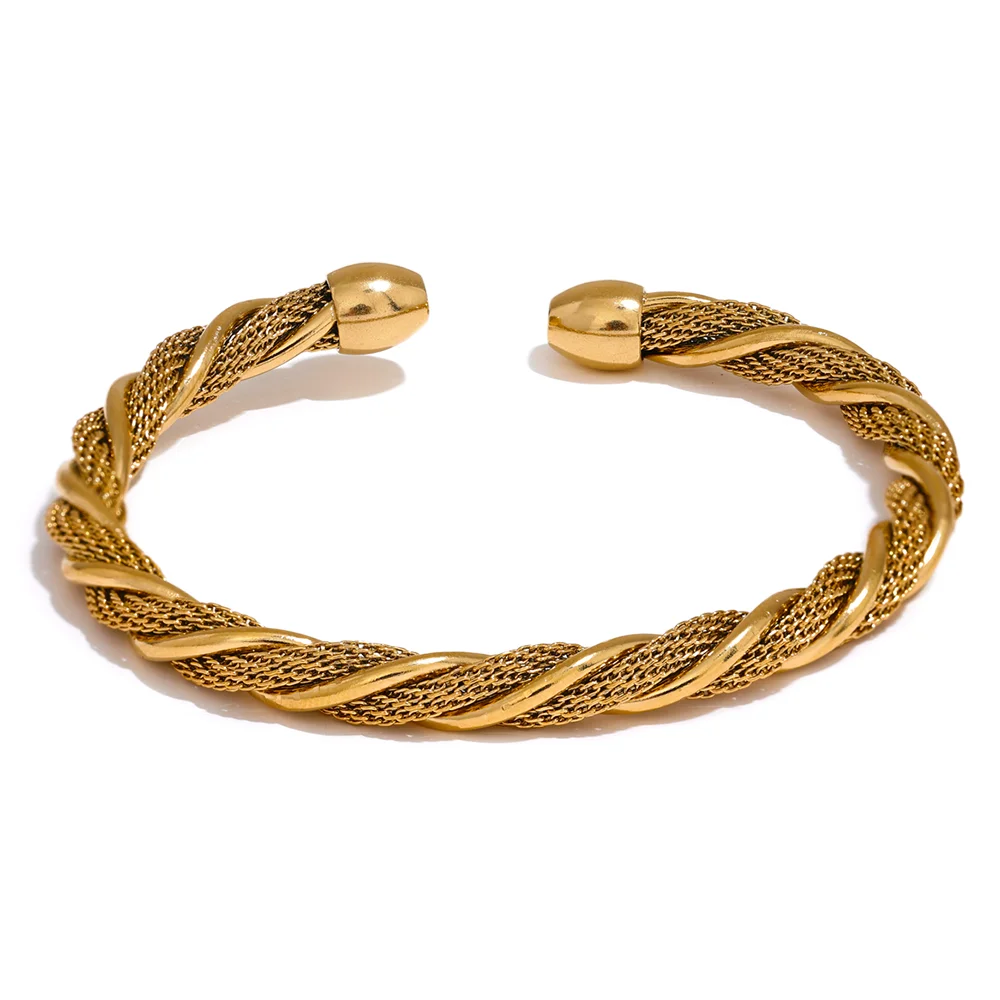 Yhpup pulseira redonda torcida de aço inoxidável à prova d'água, pulseira aberta para mulheres, textura de metal, joia de declaração, presente