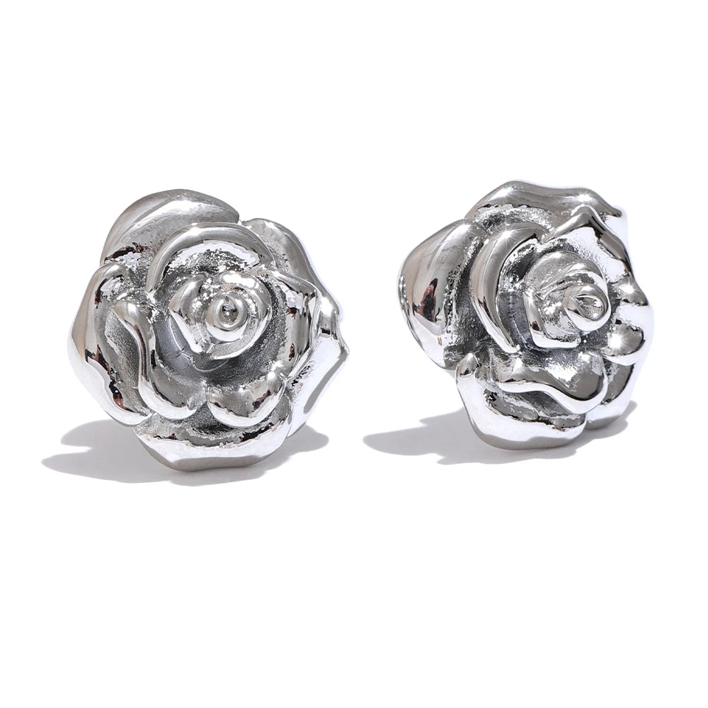Yhpup Brincos diários à prova d'água com flor rosa de aço inoxidável para mulheres, textura elegante, joias banhadas a ouro, bijuterias