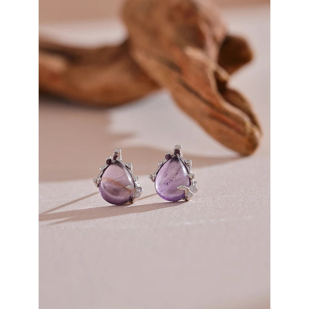 Yhpup prata esterlina requintado pedra natural aquamarine ametista chique brincos finos jóias de luxo para presente feminino