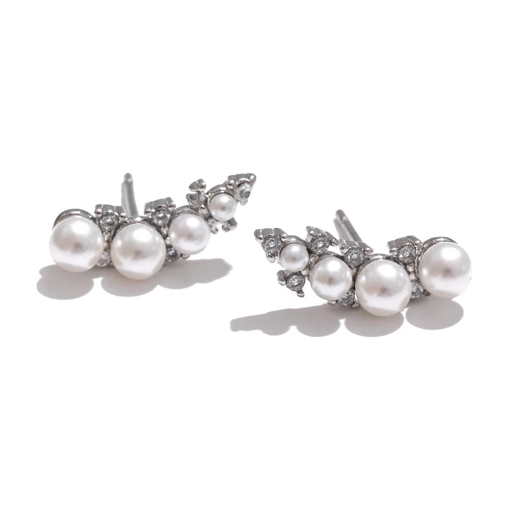 Yhpup estilo coreano chique imitação de pérolas zircônia cúbica brincos moda aço inoxidável requintado versátil jóias diárias