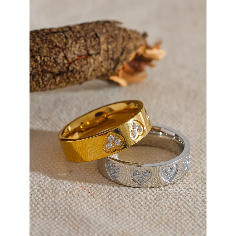 Yhpup requintado zircônia cúbica coração de aço inoxidável redondo moda chique anel ouro prata cor charme dedo bling jóias presente