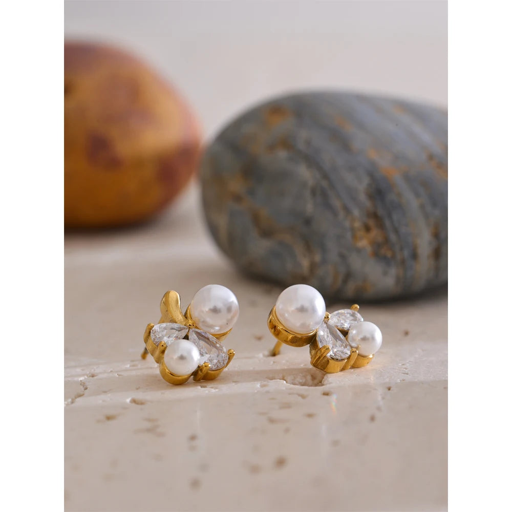 Yhpup suave pérola bling zircônia cúbica flor delicado brincos mancha resistente aço inoxidável chique doce jóias presente