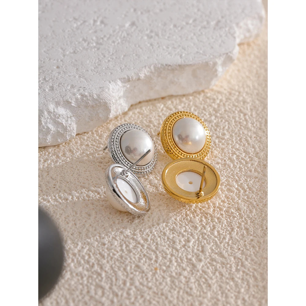 Yhpup coreano imitação de pérolas brincos redondos antialérgicos elegante clássico diário moda ouro & platina pvd banhado jóias
