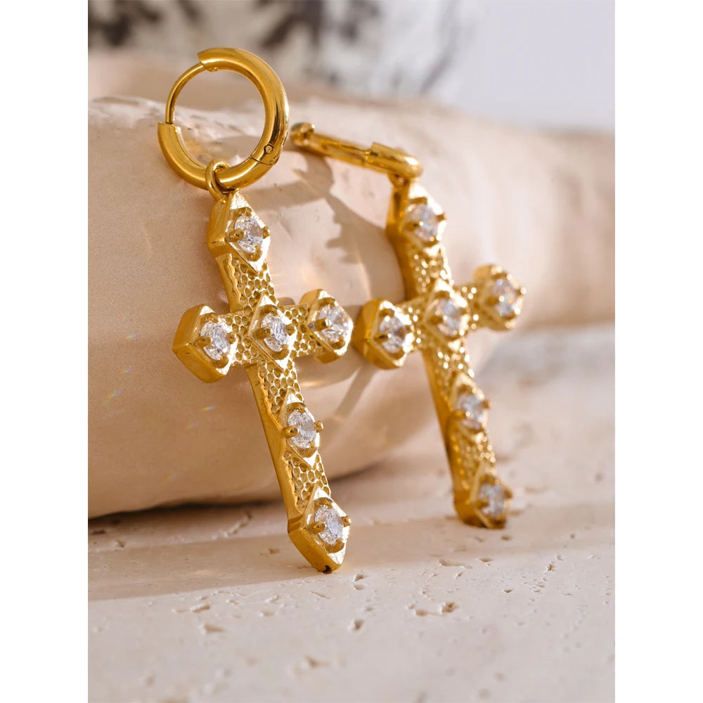 Yhpup tendência bling zircônia cúbica clássico cruz gota brincos de argola 18k cor ouro pvd banhado a aço inoxidável jóias requintadas