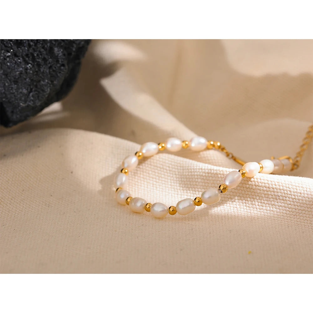 Yhpup pérolas naturais de água doce moda artesanal pulseira feminina à prova dwaterproof água pvd encantos contas de aço inoxidável jóias presente