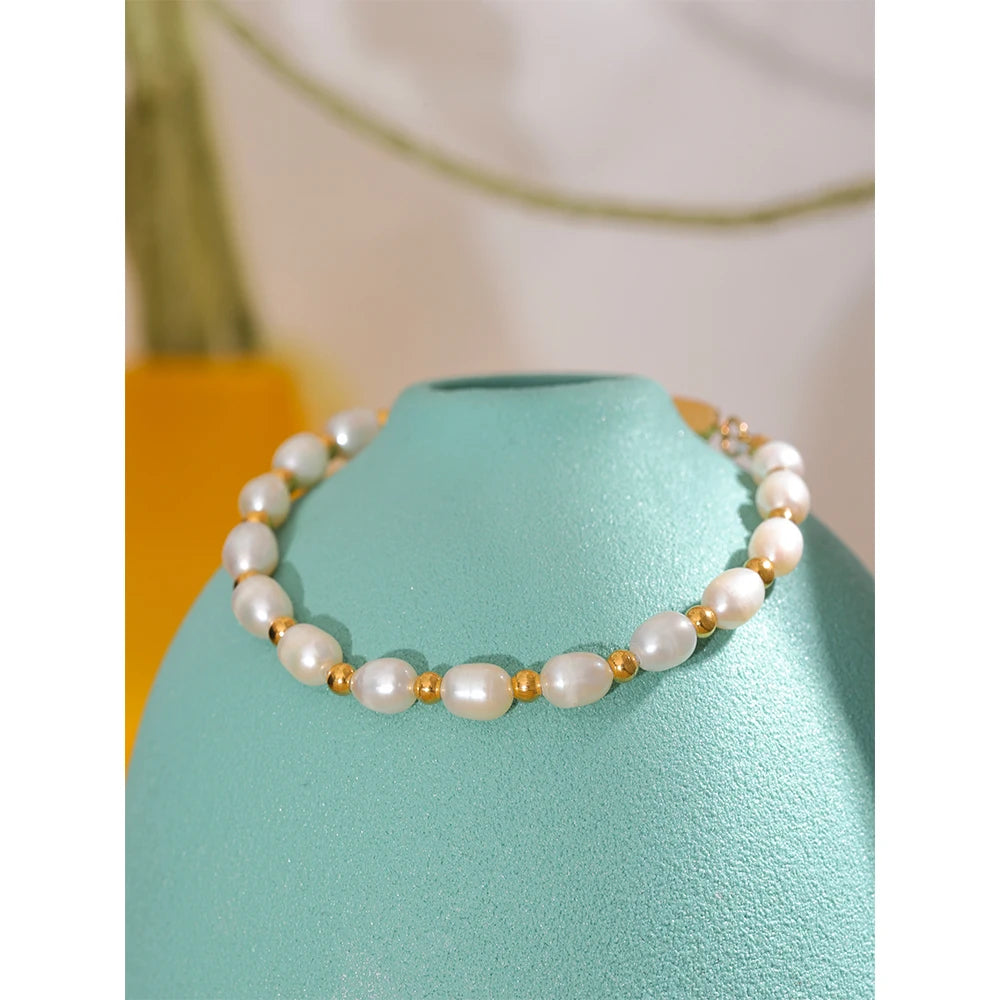 Yhpup pérolas naturais de água doce moda artesanal pulseira feminina à prova dwaterproof água pvd encantos contas de aço inoxidável jóias presente