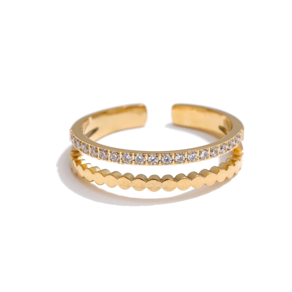 Yhpup requintado natural concha coração zircônia anel de dupla camada 18k cor ouro pvd banhado a aço inoxidável joias ajustáveis