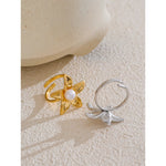 Yhpup tendência estilo metal flor pérola ajustável chique anel para mulheres 316l aço inoxidável moda jóias acessórios presente