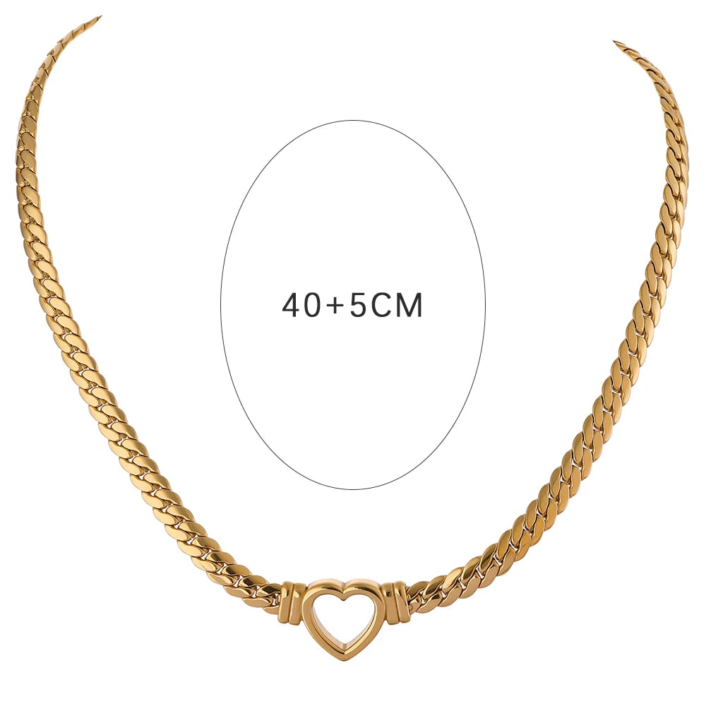 Yhpup coração corrente colar de aço inoxidável para mulheres moda textura de metal colar plano à prova dwaterproof água presente namorada